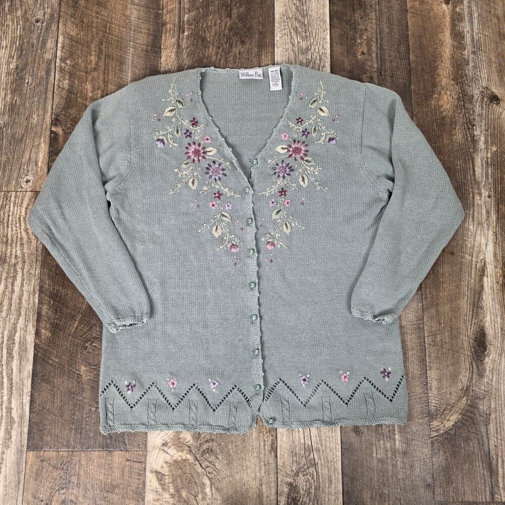 Vintage 90s Embroidered Floral  Cardigan Sage Green Cottagecore Grannycore